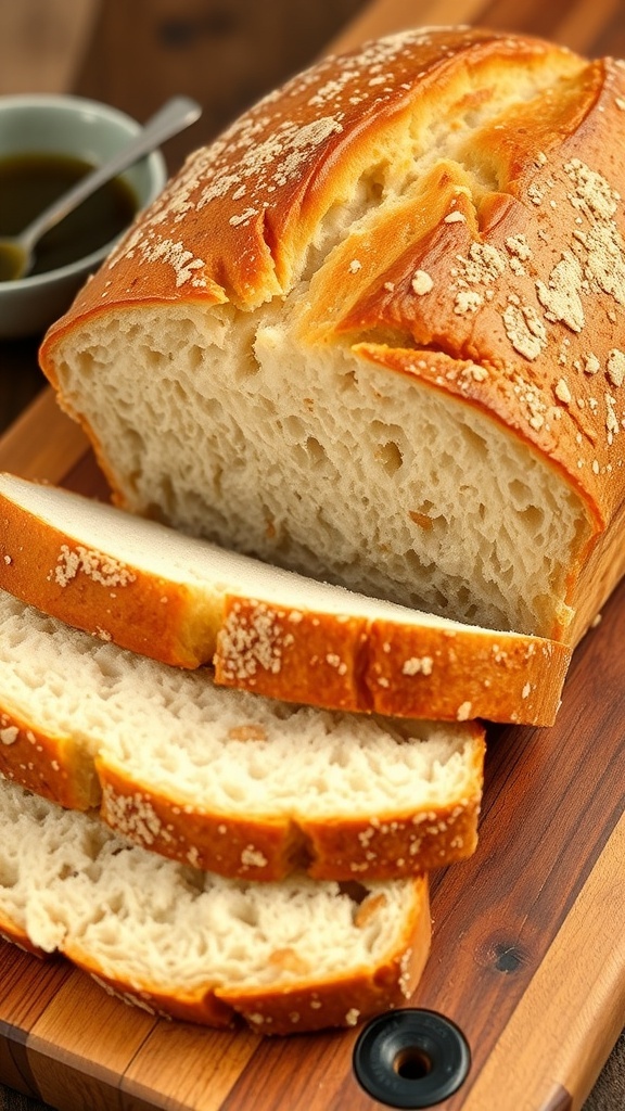 A golden brown loaf of four flour bread sliced on a wooden board, showcasing its fluffy interior.